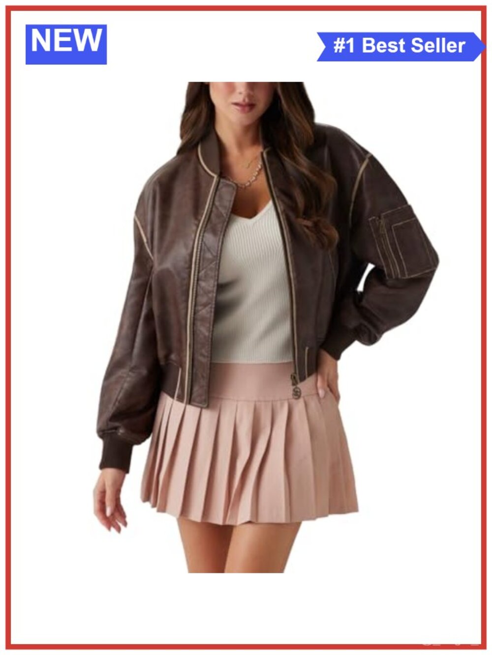 Faux Leather Vintage Relaxed Bomber Flight Jacket Long Sleeve